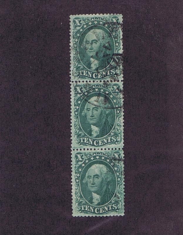 SC# 33 & 32, USED VERTICAL STRIP OF THREE, 10 CENT, 1857, VF XF, PF CERT, LOOK. 