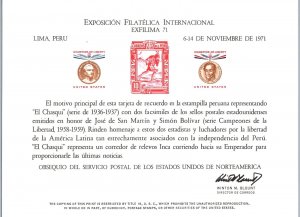 ENGRAVED SOUVENIR CARD OF THE INTERNATIONAL PHILATELIC EXPO AT LIMA PERU 1971