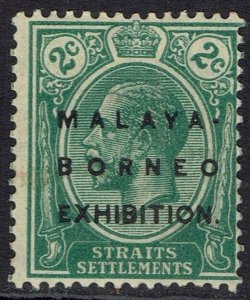 STRAITS SETTLEMENTS 1922 MALAYA BORNEO EXHIBITION KGV 2C WMK MULTI CROWN CA
