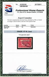 GENUINE SCOTT #398 USED 1913 CARMINE PSE CERT GRADED XF-90 PANAMA-PACIFIC EXPO