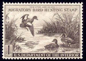 US RW9 $1 Hunting Permit Stamp 1942 Baldpates PSAG grade 80 NH