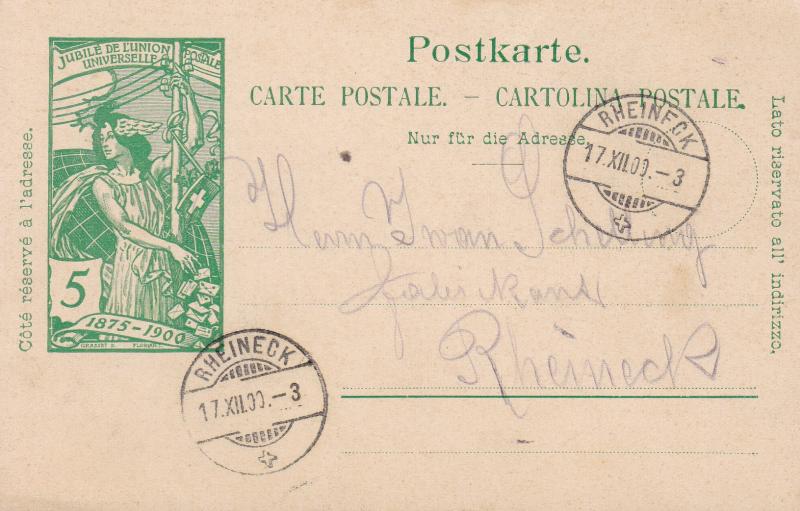 Switzerland 1900 5cent UPU Postal Card  Rheineck.Local Usage. Nice Cancels.