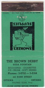 Canada Revenue 3/10¢ Excise Tax Matchbook THE BROWN DERBY Ottawa, Ontario