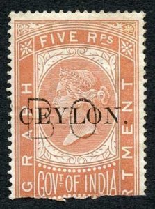 Ceylon Telegraph SGT6 5r India opt Ceylon with Colombo cancel Cat 50