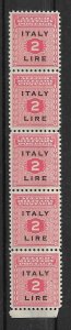 1943 Allied Occupation of Italy 1N7 2Lira strip of 5 with disturbed gum