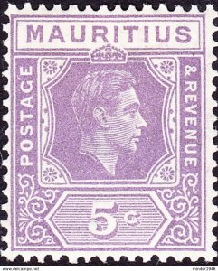 MAURITIUS 1943 KGVI 5 Cents Pale Lilac SG255a MH