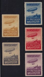 Germany c. 1920 5x Airship Parseval VI Zeppelin Metzeler Advertising Stamps