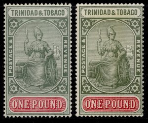 TRINIDAD & TOBAGO GV SG156 + 156a, £1 SHADE VARIETIES, LH MINT. Cat £550.