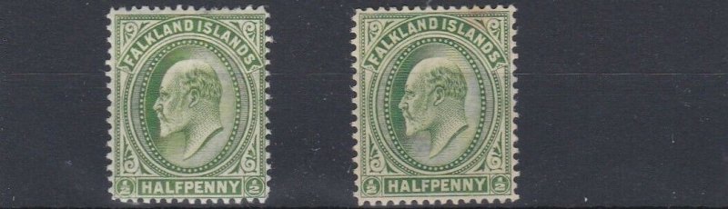 FALKLAND ISLANDS 1904 - 12  S G 43 + 43C  2 X 1/2  VALUES  MH