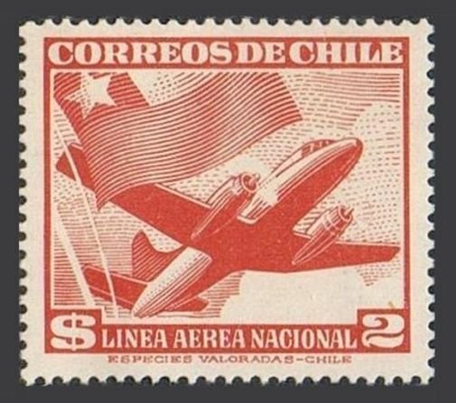 Chile C159 two stamps, MNH. Michel 483. Air Post 1951. Plane and Chilean flag.