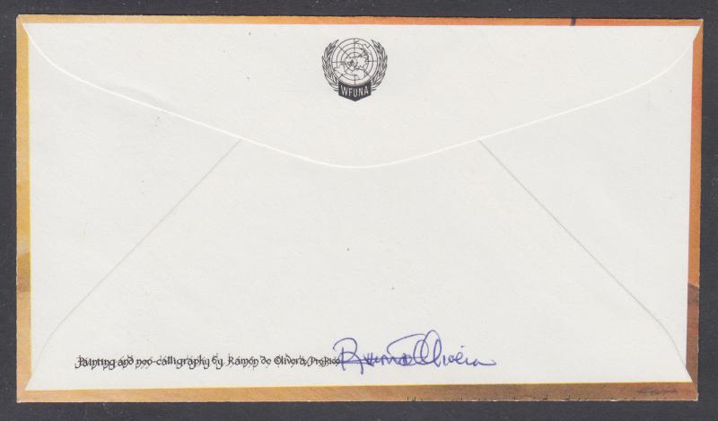 Ramon de Olivera, autographed UN 20c Space FDC bearing his art & calligraphy