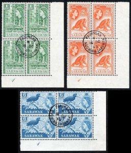 SARAWAK SG204/6 1964-65 Wmk w12 1c 2c 6c in matching Plate blocks of 4