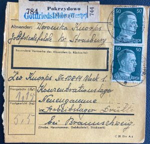 1943 Pokrzydowo Poland Parcel Cover to Drutte Neuengamme Concentration Camp KZ