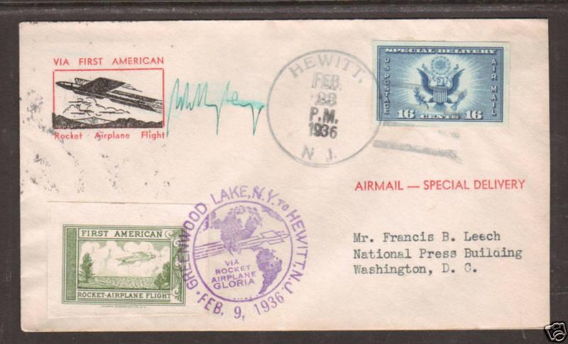 US Sc 771 on 1936 NY Flown Rocket Mail Cover, signed Willie Ley, FARLEY