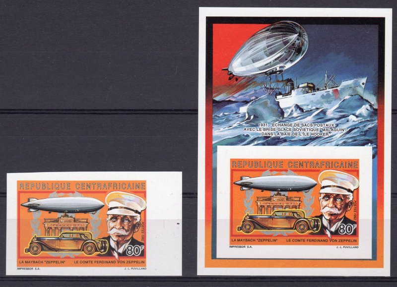 Central African 1992 Mi#1461/Bl.522 Graf von Zeppelin/Maybach Car Set+SS IMPERF.