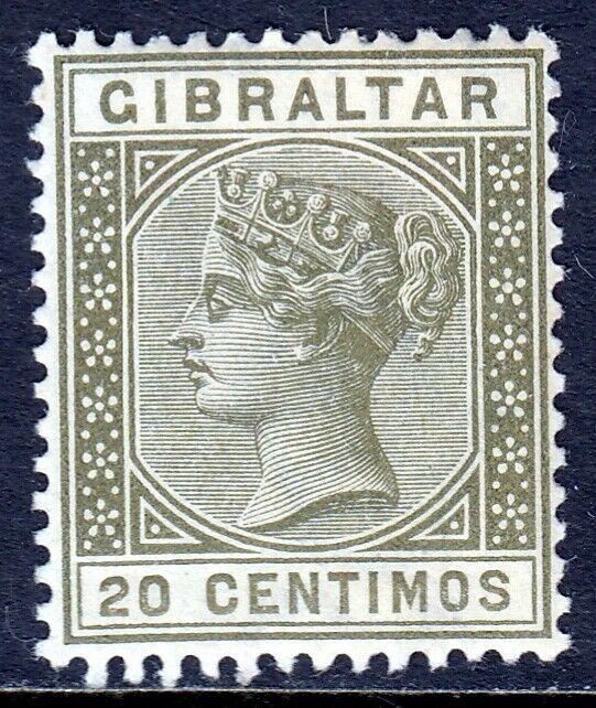 GIBRALTAR — SCOTT 31 (SG 25) — 1896 QV 20c OLIVE GREEN — MH — SCV $15.00