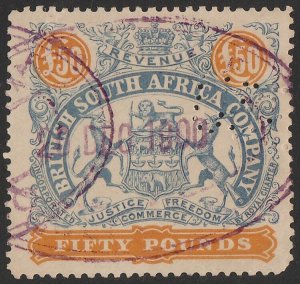 RHODESIA 1896 Arms Revenue £50 blue & orange perf 12½.