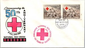 Philippines FDC 1956 - 50th Anniv Nat'l Red Cross - 2x20c Stamp - Pair - F43127
