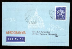 1950 Vatican Aerogramme H&G #FG-3 Used Rome to Browns Valley,  Minn.