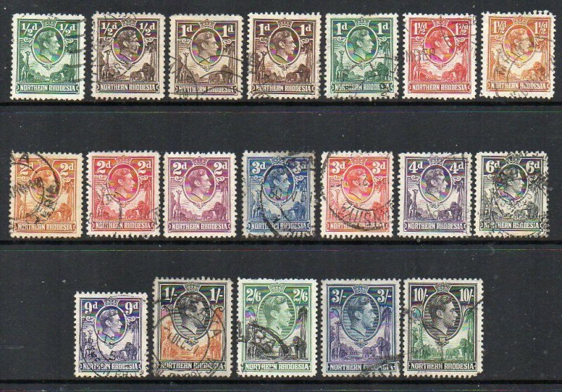 Northern Rhodesia: 1938 KGVI vals (19) ex SG 25-44 used