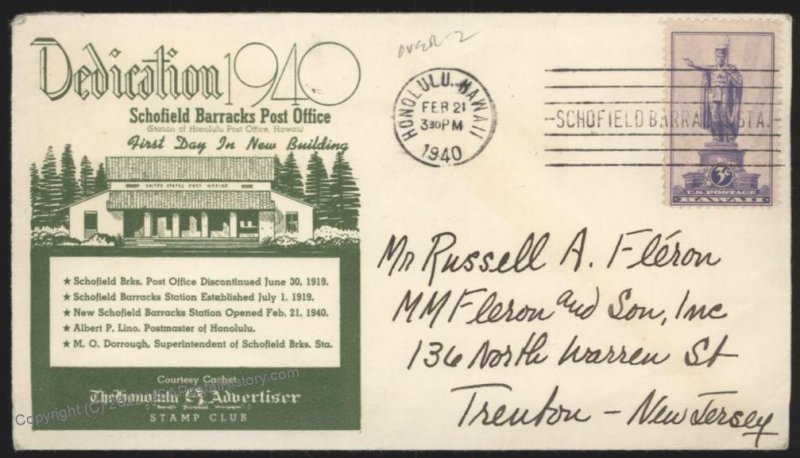 Hawaii USA 1940 Schofield Barracks DPO Military Mail Cover Territorial 109126