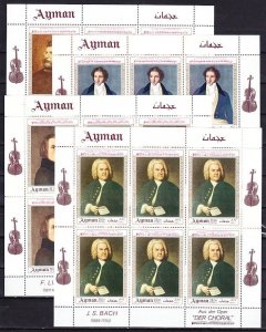 Ajman, Mi cat. 425-428 A. Classical Composers 4 sheets of 6. ^