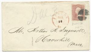 US Scott #65 Tied on Cover Boston, MA CDS March 18, 1860's Due 3 Embossed Back