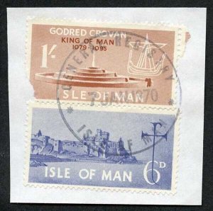 Isle of Man 1/- Brown and 6d Blue QEII Pictorial Revenues CDS On Piece