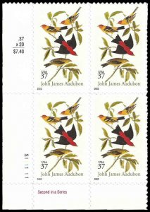 PCBstamps   US #3650 PB $1.48(4x37c)Scarlet & Louisiana Tanagers, MNH, (PB-3)