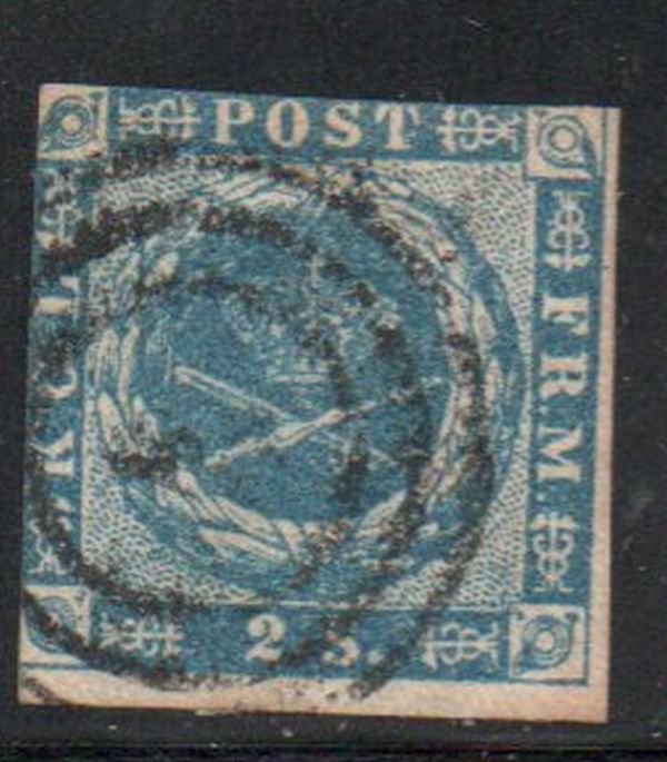 Denmark Sc 3 1854 2 s blue Royal Emblems stamp used