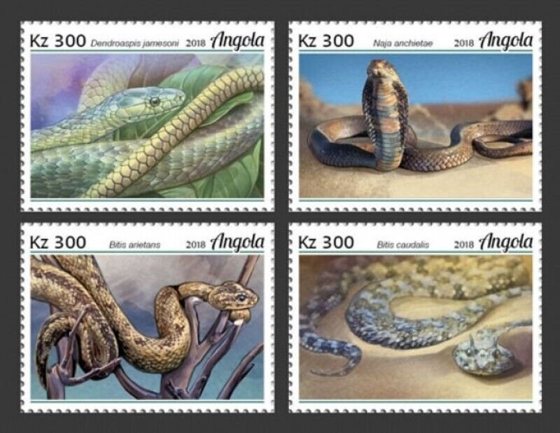 Angola - 2018 Snakes on Stamps - 4 Stamp Set - ANG18128a