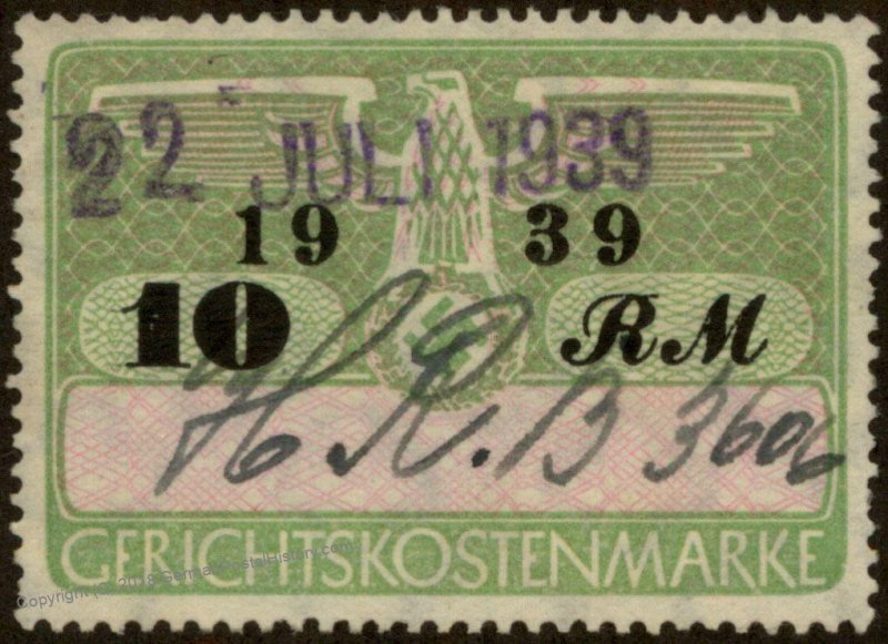 Germany 3rd Reich 10RM Court Fee Stamp 1939 Used 96228