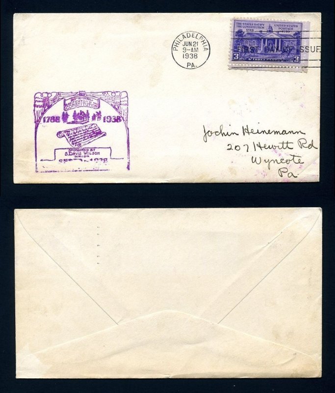 # 835 First Day Cover with S. Davis Wilson cachet, Philadelphia, PA - 6-21-1938
