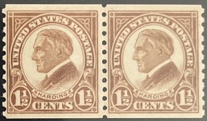 Scott #598 1925 1½¢ Warren G. Harding rotary perf. 10 vertically MNH OG pair