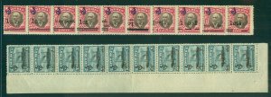 LIBERIA #O87-8, 1¢ & 2¢ Ovpts STRIP OF 10 DIFF TYPES, Scott for hinged $60.00+