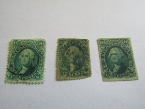 United States Stamps, Scott #68 Used 10c Washington (1861) Set of 3 Stamps,