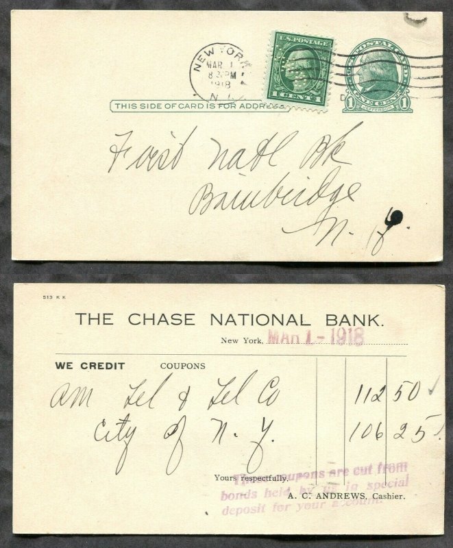 3997 - USA 1918 Uprated Postal Card. PERFIN  CNB  Chase National Bank New York