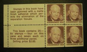 Scott 1395c, 8c Eisenhower, Pane of 4, two logos & tab, MNH Booklet Beauty