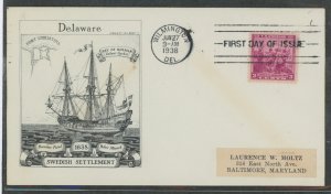 US 836 (1938) 3c Delaware Tercentennary (single) on an addressed (label) First Day Cover with an Ernest Gilbert cachet