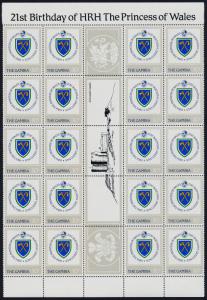 Gambia 447-50 Gutter strips of 20 MNH Princess Diana 21st Birthday, Crest