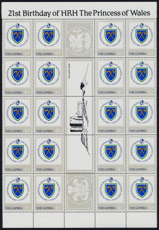 Gambia 447-50 Gutter strips of 20 MNH Princess Diana 21st Birthday, Crest