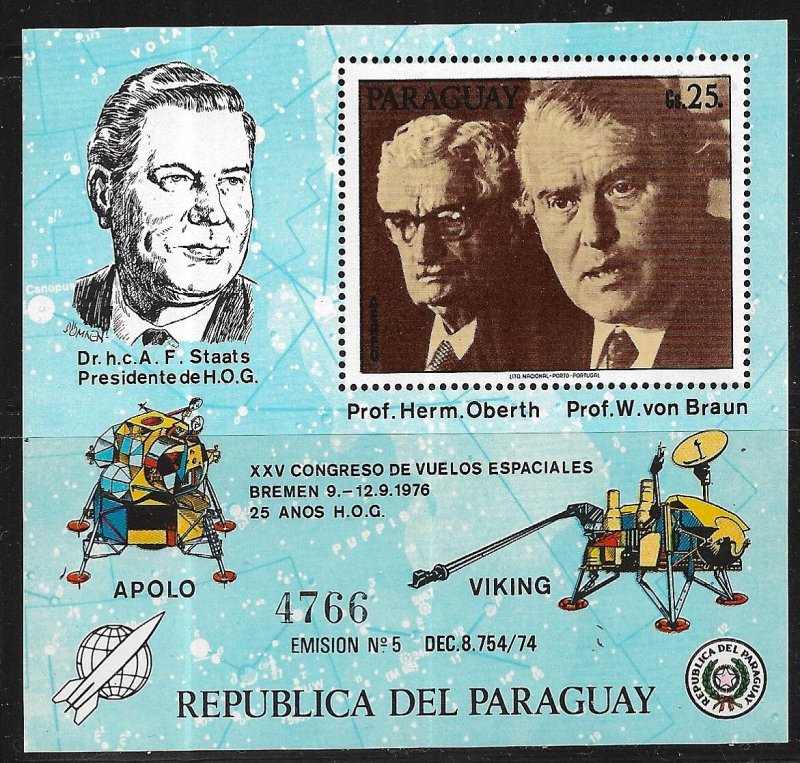 PARAGUAY 1976 Professors Oberth and Braun Space Souvenir Sheet Sc C445 MNH