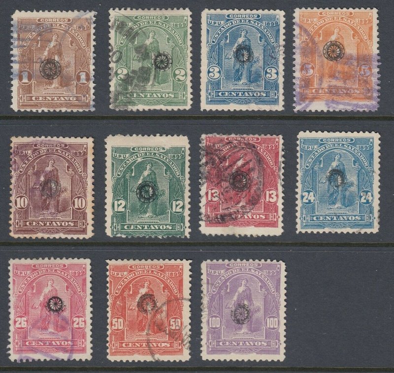 El Salvador 1899 Black Wheel Overprints Complete Set Used. Scott 213-223