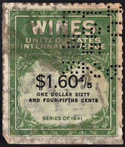 RE196 $1.60⅘ Wine Revenue Stamp (1951) Perfin