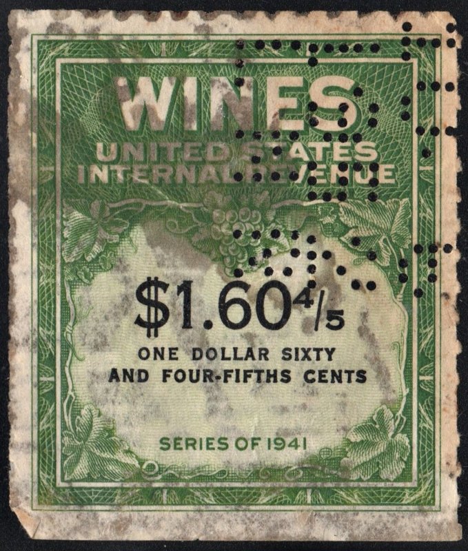 RE196 $1.60⅘ Wine Revenue Stamp (1951) Perfin