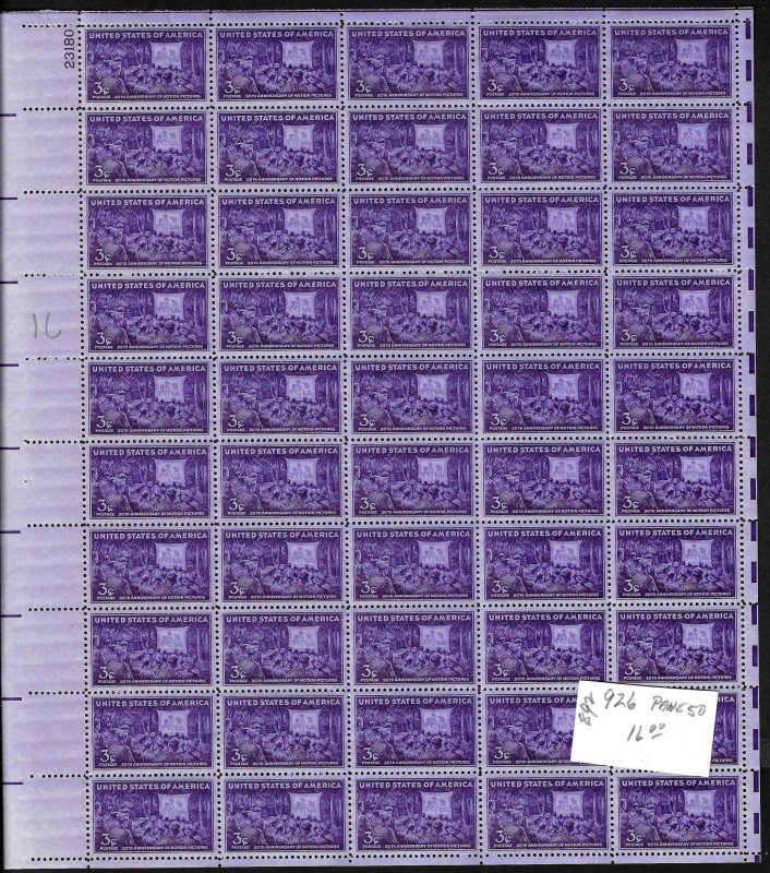 926 Mint,OG,NH... Pane of 50... Brookman CV $16.00