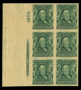 United States, 1904-9 #314 Cat$325, 1906 1c blue green, left margin plate blo...