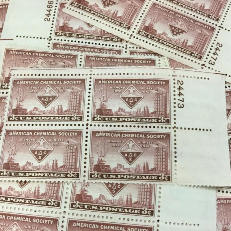 1002     Chemical Society.     25 MNH  3¢ Stamp Plate Blocks.    Issued In 1951.