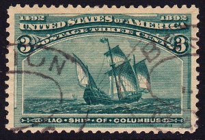 Scott 232, VF+ Used, 3c Columbian, Boston, MA, Oval Cancel, Small Faults