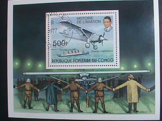 CONGO STAMP:1977 HISTORY OF AVIATION- CHARLES LINDBERGH CTO S/S SHEET